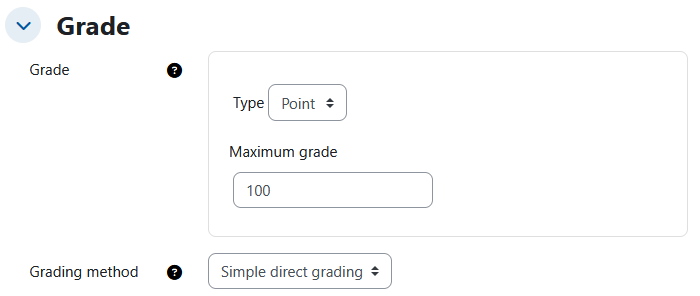 Screenshot: Grade with the options "Grade", showing "Typ" and "Maximum grade", as well as "Grading method"