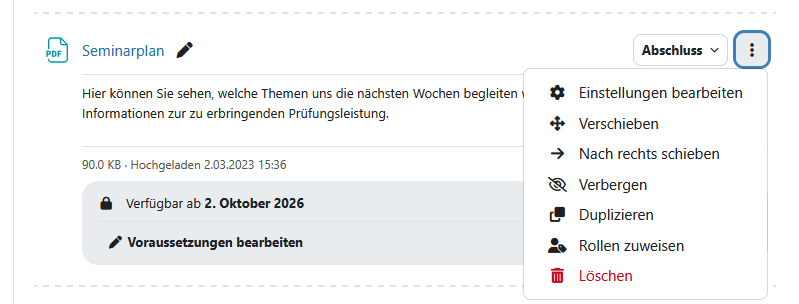 Screenshot: Aktivität auf der Kursseite mit geöffnetem Dreipunktmenü zur Konfiguration der Aktivität, z.B. Einstellungen bearbeiten, Verschieben, Anzeigen/Verbergen oder Duplizieren.
