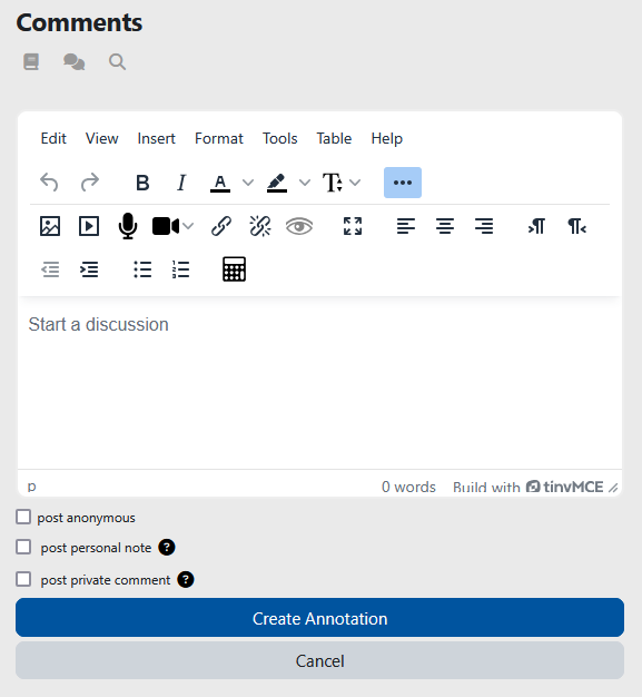 Screenshot: Text editor with the heading "Comments" and the note "Start a discussion" in the text field.