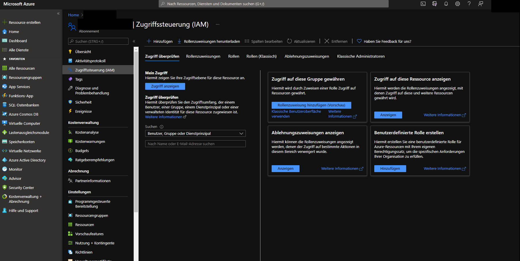 Screenshot des Menüs „Zugriffssteuerung (IAM)“. Der Reiter „Zugriff überprüfen“ ist aktiv. Zentral zu sehen sind Kacheln zur Verwaltung, insbesondere „Zugriff auf diese Gruppe gewähren“ mit dem Button „Rollenzuweisung hinzufügen“ und daneben Optionen zum Anzeigen von Ressourcenzugriffen.