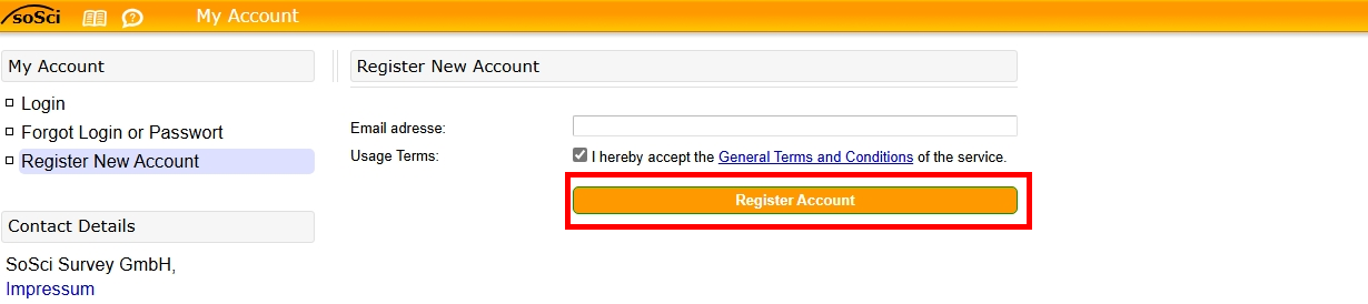 Screenshot of the registration form. First, enter your email address. Then, accept the terms of use and select "Register account."