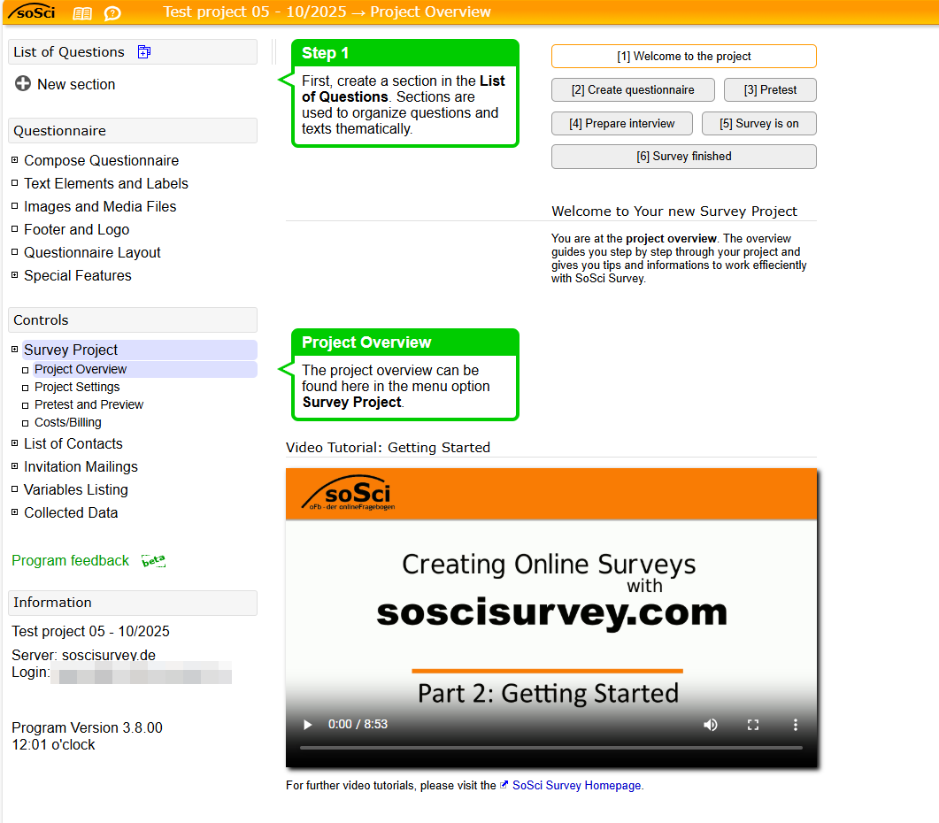 Screenshot of the project overview page. In the section "List of questions", you can add new categories for your questions. In the "Questionnaire" section, you can compile your questionnaire. The "Controls" section is where you can plan your survey.