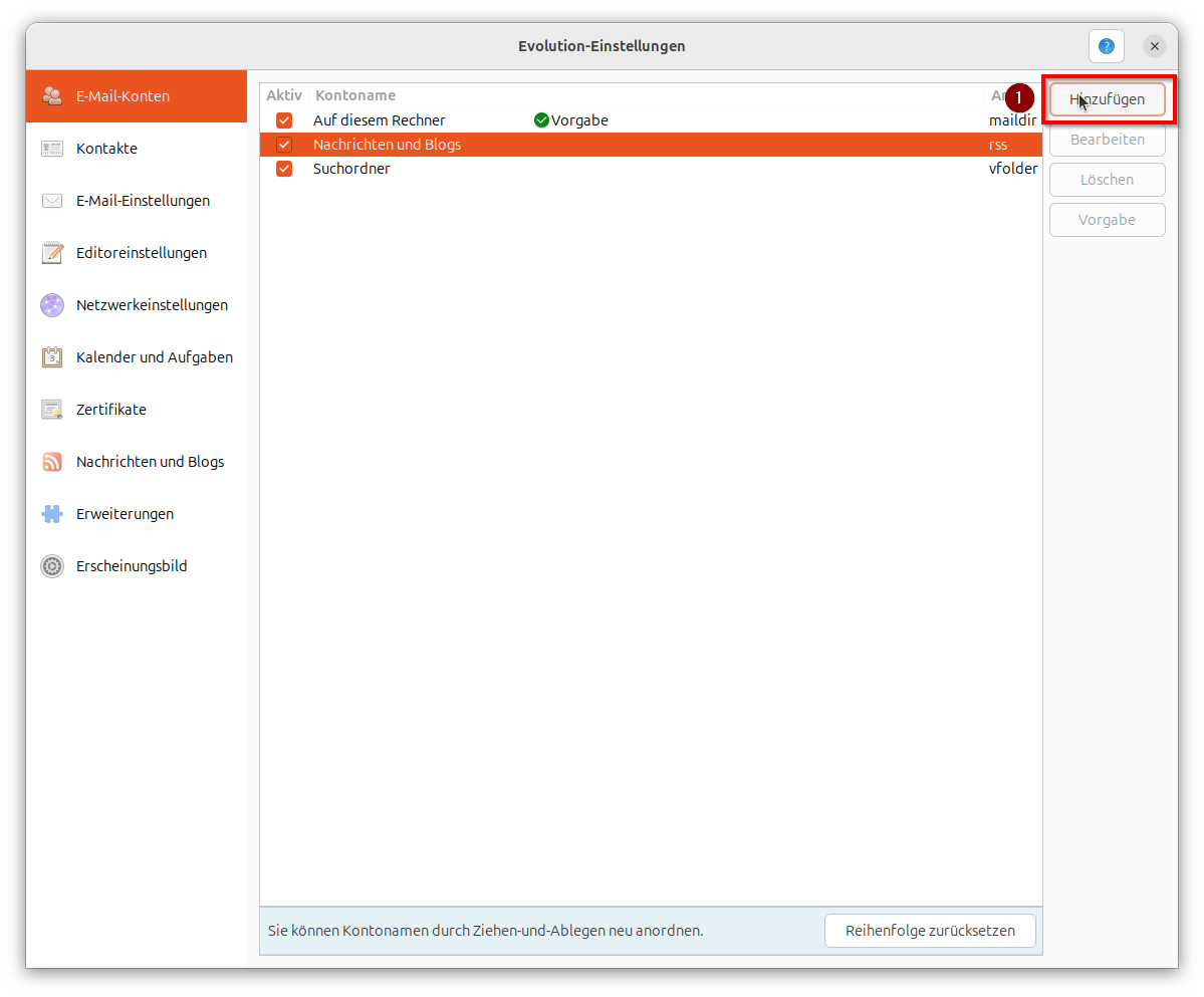 Screenshot des Fensters "Evolution-Einstellungen" auf dem oben rechts "Hinzufügen" marktiert ist.