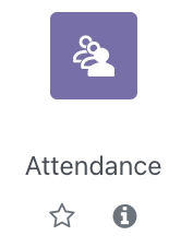 Attendance Logo The screenshot shows the entry for the "Attendance" material. It has a human icon on a blue square background, the title "Attendance", a star to mark this resource as a favourite, and an info icon (an "i" on a black circle) that links to information on this resource.