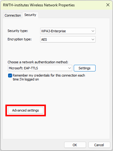 Screenshot of the "Security" tab. Advanced settings is the next button after the Settings button that you selected in step 26.