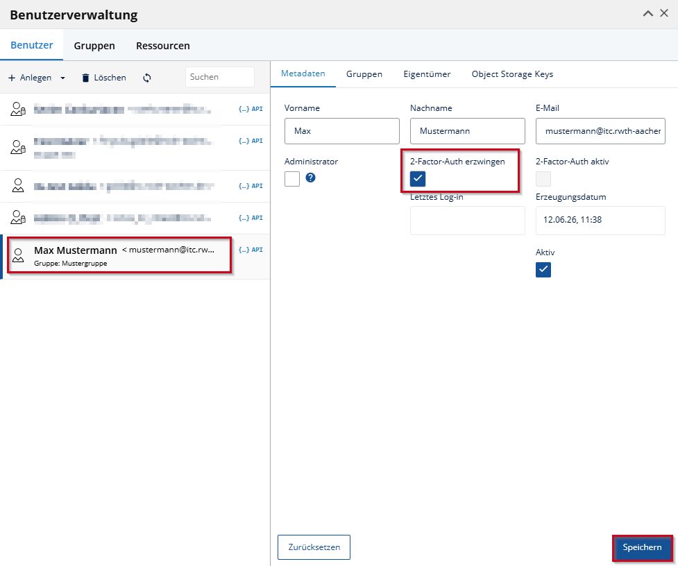 Im Reiter Metadaten wird die Option 2-Faktor-Auth erzwingen aktiviert. Dadurch muss der Benutzer bei der nächsten Anmeldung die Zwei-Faktor-Authentifizierung einrichten.