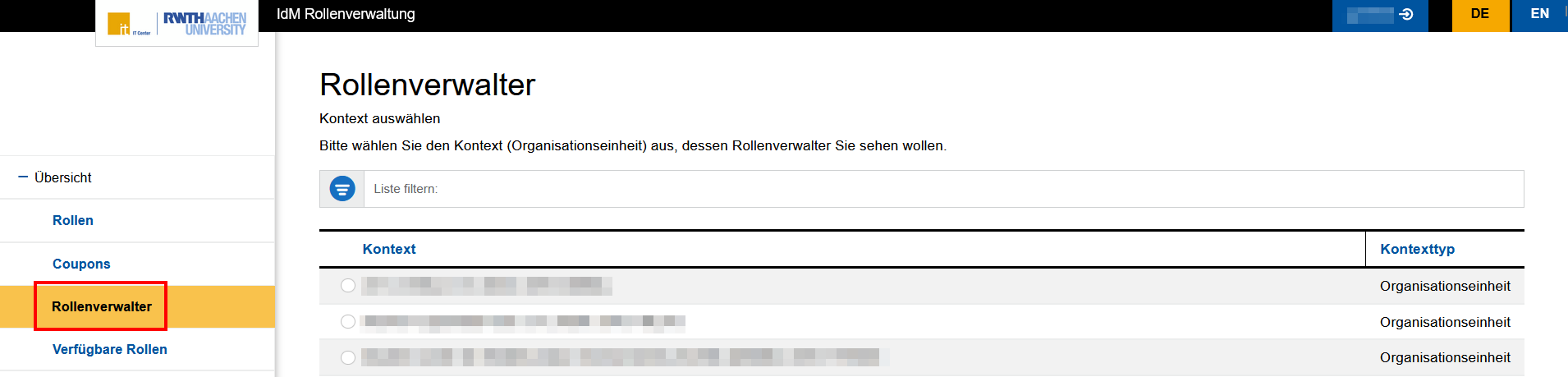 Screenshot des Reiters "Rollenverwalter". Die Organisationen werden in einer Tabelle aufgelistet. Die Tabelle hat 2 Spalten: Kontext und Kontexttyp.