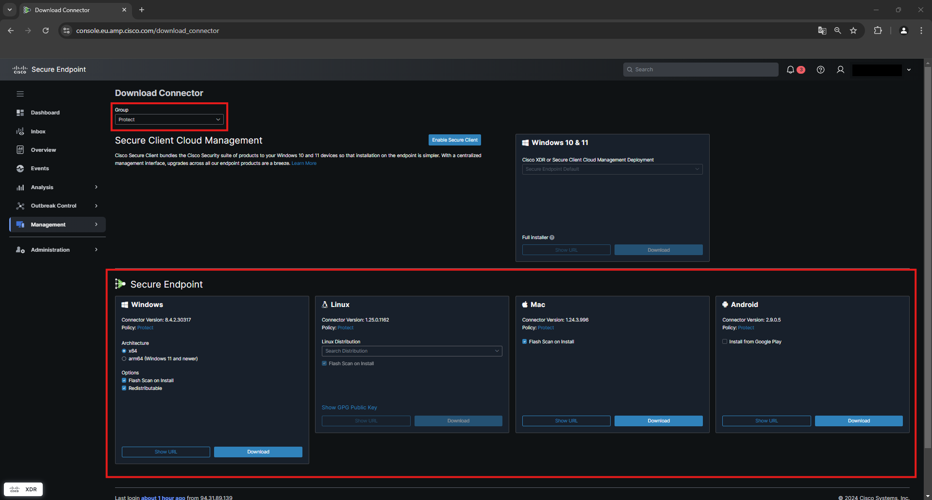 Das Bild zeigt die Cisco Secure Endpoint Console mit der Option zum Download und zur Auswahl einer Computergruppe