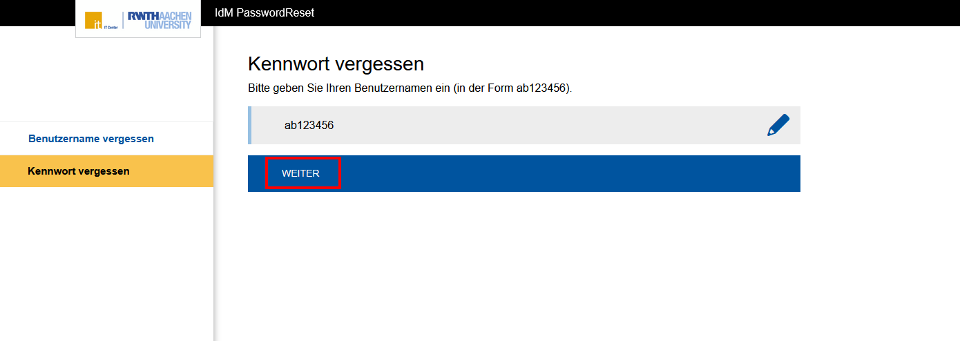 Screenshot des IdM PasswordReset, wie in Schritt 2 beschrieben