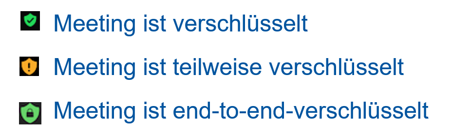 Screenshot der Zoom-Oberfläche. Auf dem Screenshot sind drei Stufen der Verschlüsselung abgebildet: verschlüsselt, teilweise verschlüsselt und end-to-end verschlüsselt.