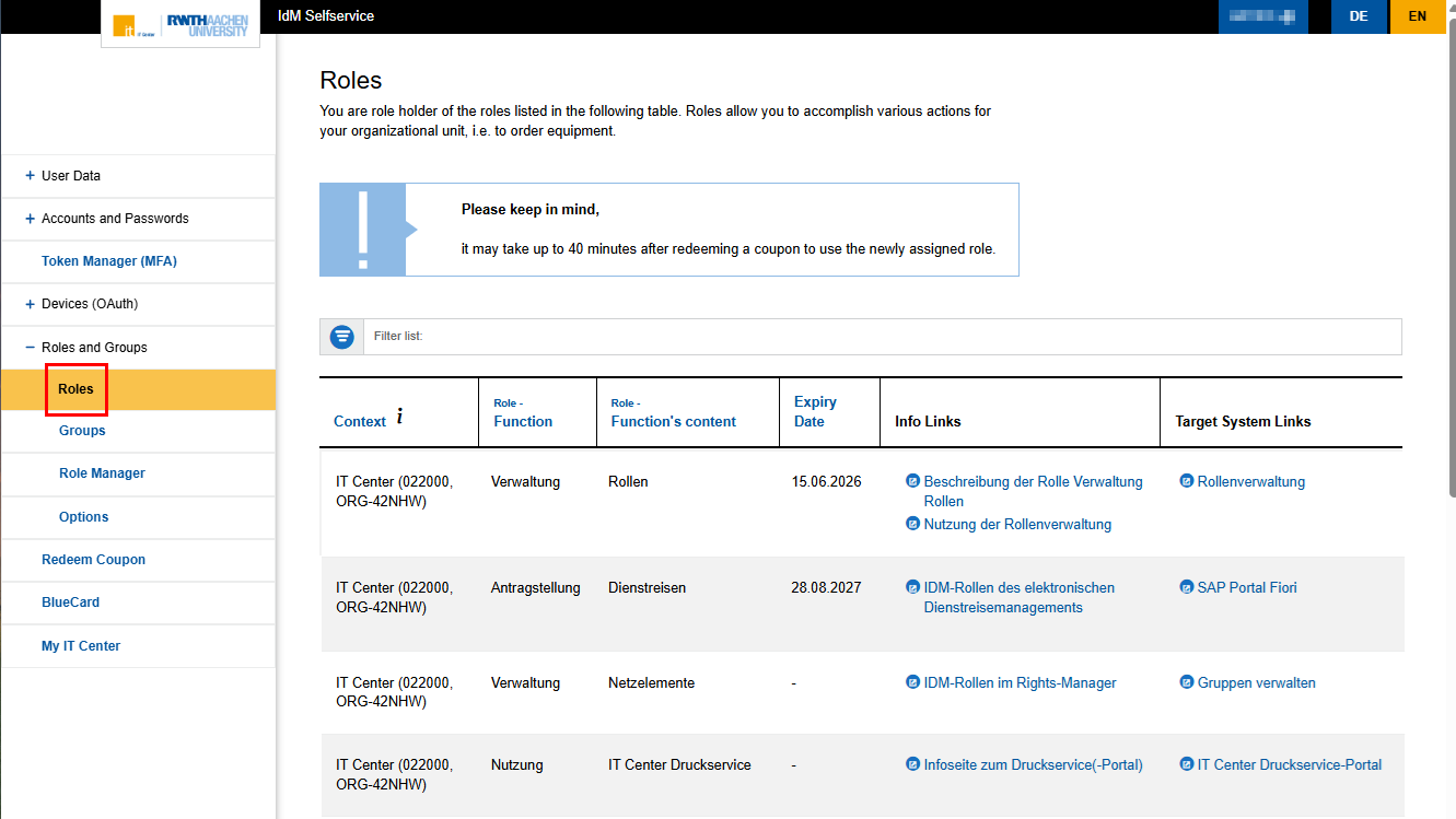 A screenshot of the page with roles in the IdM Selfservice. The screenshot shows a table with roles. The table contains information about the roles, such as context, function, function content, expiry date, info links, and target system links.