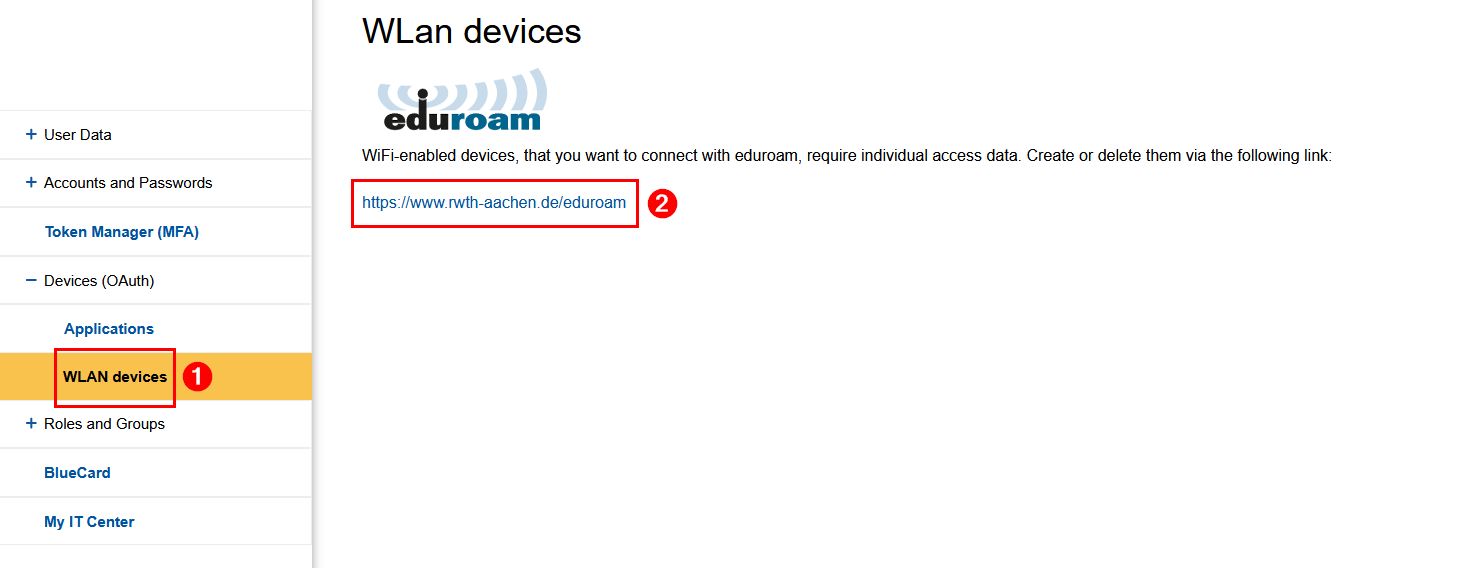 Screenshot of the "Wi-Fi Devices" section in the expandable "Devices (OAuth)" section. The URL for the eduroam device manager is located below an informational text.