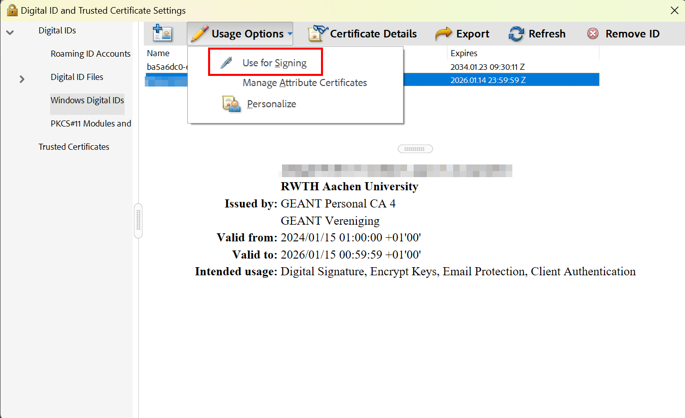 Use Digital ID for Signing Screenshot of the Windows Digital IDs with the dropdown menu under Usage Options opened. "Use for Signing" is the first element in the menu.