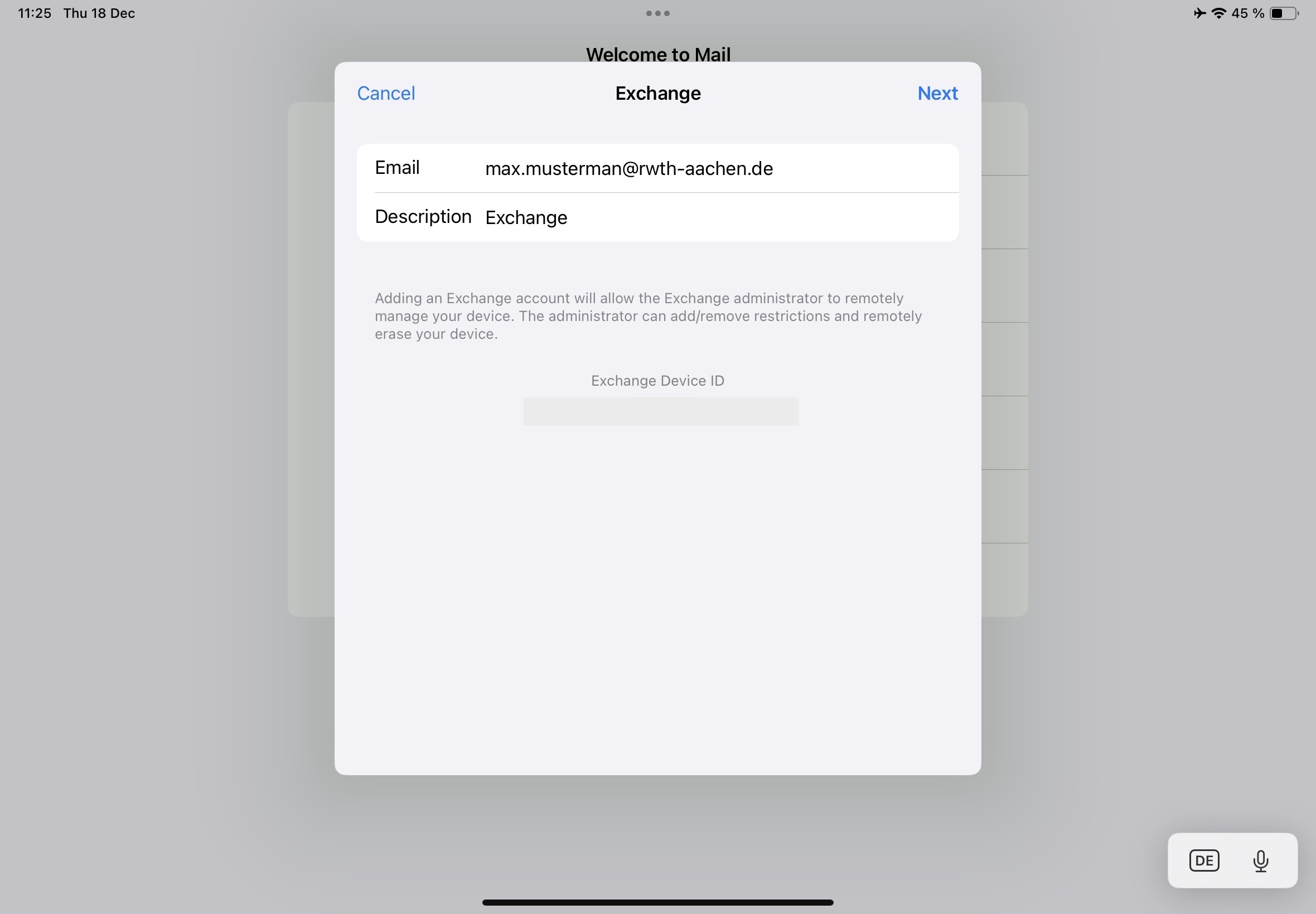 Eingabe der E-Mail-Adresse