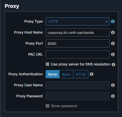 Das Bild zeigt die Proxy-Einstellungen inklusive Proxy Type, Proxy Host Name, Proxy Port und Proxy Authentification