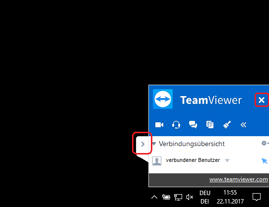 The p.icture shows the Teamviewer connection overview A screenshot of a screen with a TeamViewer window. The window contains the options to minimize the window and to end the session.