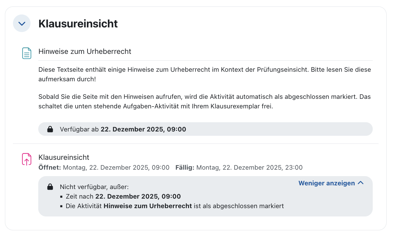 Screenshot: Klausureinsicht Kursseite