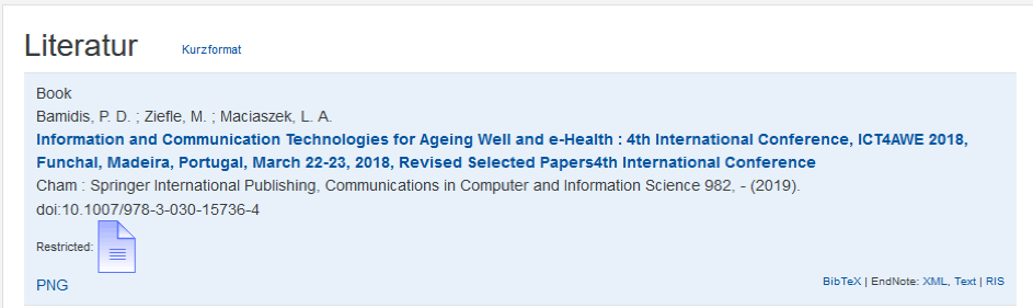 Detailanzeigeformat der Literatur Der Bildschirmausschnitt zeigt die Detailanzeige zu einem Literatureintrag. Diese ausführlichere Darstellung kann mit dem Link "Kurzformat" verkürzt dargestellt werden. Angezeigt werden Dokumentenart, Autor*innen, Titel mit Link zum Eintrag auf der Semesterapparat-Seite, Ort und Jahr der Veröffentlichung, DOI und ISBM, ein Link zum Volltext und Export Links für die Literaturverwaltung.