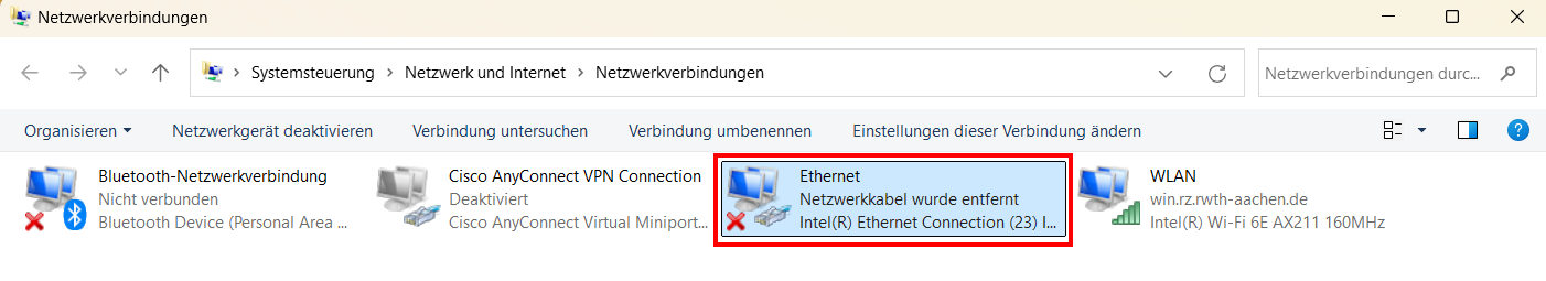 Screenshot der Netzwerkverbindungen. Die Verbindungen sind alphabetisch geordnet. Im Bild befindet sich das Ethernet zwischen der "Cisco AnyConnect VPN Connection" und dem WLAN.