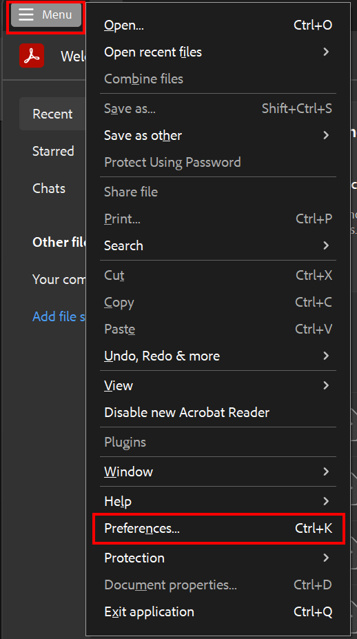 Dialogmenü Bearbeiten Screenshot of the Adobe Acrobat home page. The menu is open. Preferences is located between Help and Protection. It can also be opened by pressing Ctrl+K.