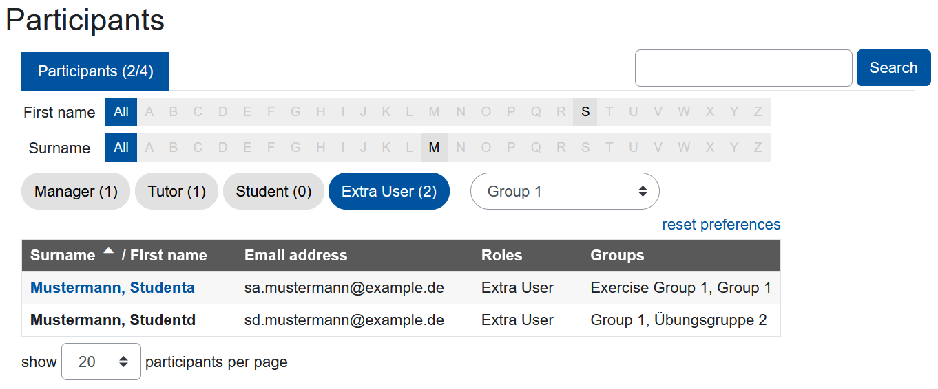 The list of participants from the perspective of the roles of tutor, student and extra users