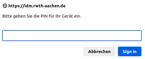 Screenshot des Pop-up Fensters, welches zu PIN-Eingabe auffordert. Der „sign in“ Button befindet sich am Ende des Pop-ups.