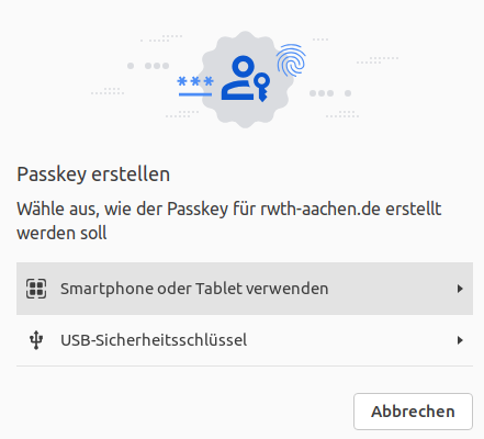 Screenshot des Fensters „Passkey erstellen“. Der Button „USB-Sicherheitsschlüssel“ ist die zweite Auswahlmöglichkeit.