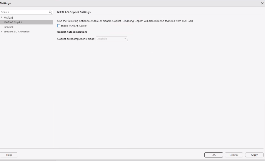 Ein Screenshot der MATLAB-Einstellungen. Der Screenshot zeigt die Einstellungen für MATLAB Copilot. MATLAB Copilot und Copilot autocompletions mode sind deaktiviert.