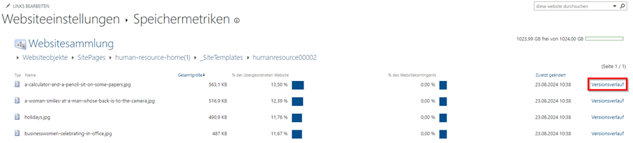 Screenshot des Inhalts eines Ordners. Neben "Zuletzt geändert" erscheint bei Dateien der Button "Versionsverlauf".
