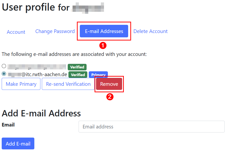 This is a screenshot of the "Email Addresses" tab.  It lists the linked email addresses. Below the list is the "Remove" button. This is the third of three buttons.