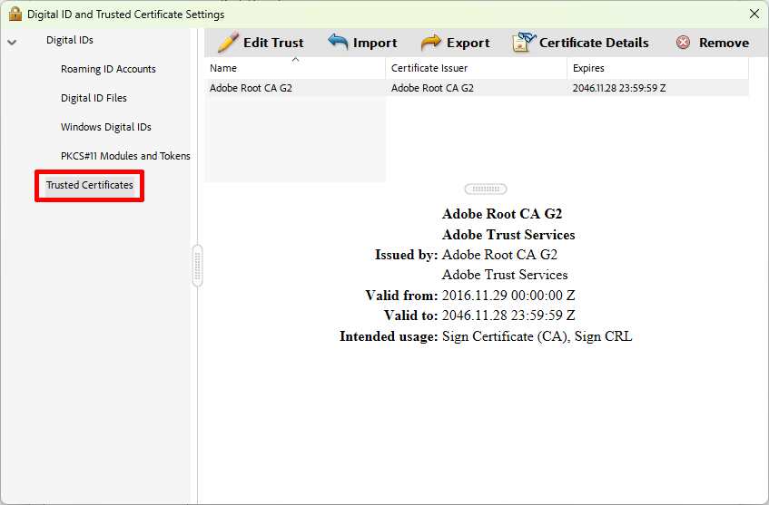 Navigationspunkt „Vertrauenswürdige Zertifikate“ Screenshot of the Digital ID window. "Trusted Certificates" is the last entry in the navigation, located after "PKCS#11 Modules and Tokens"..