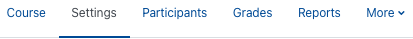 The screenshot shows the horizontal menu, offering the options "Course", "Settings" (highlighted), "Participants", "Grades", "Reports", and "More".
