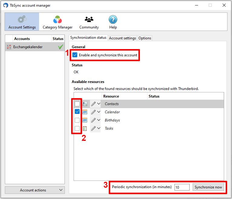 Choosing calender for synchronisation in Thunderbird Screenshot of the Synchronisation status window under TbSync account management, which graphically displays the selection of options from step 4.
