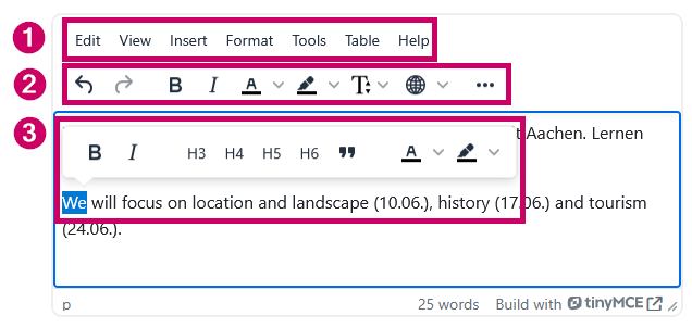 Screenshot: Editor with three marked and numbered areas