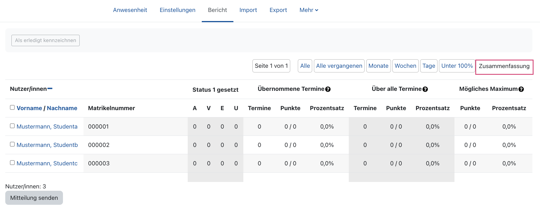 Anwesenheitsbericht mit Filter Zusammenfassung q