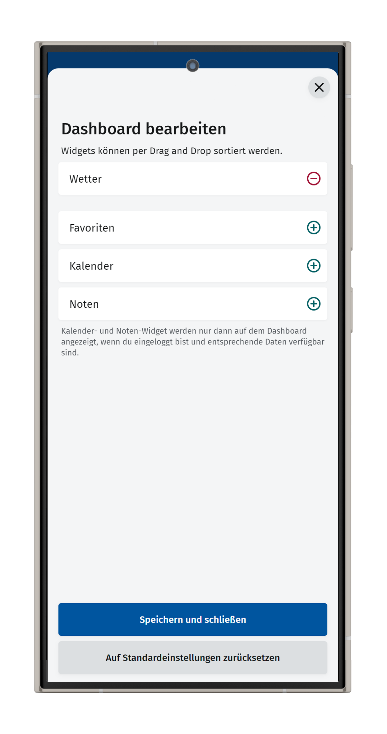 Screenshot: Seite "Dashboard bearbeiten". Die Elemente müssen per Drag and Drop sortiert werden.