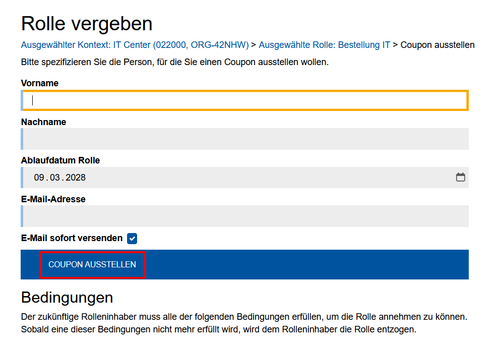 Screenshot der Seite "Rolle vergeben", wie im Schritt 6 bis 8 beschrieben.