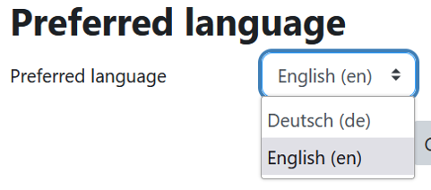 Übersicht von der Liste nach Klicken auf Name This small screenshot shows the two options "Deutsch" and "English" that can be selected in a dropdown menu in the "Preferred language" section.