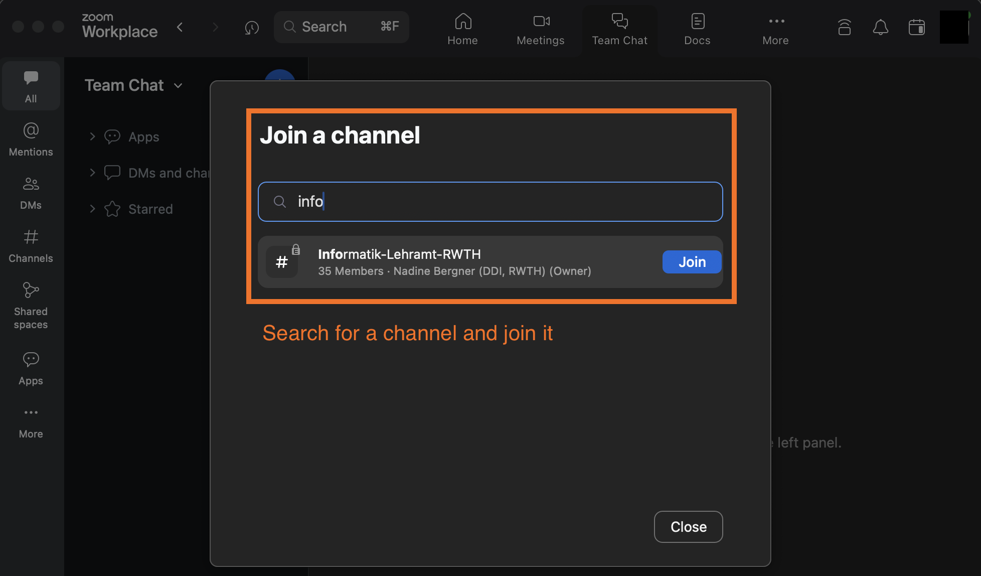 Screenshot of the desktop client with the option to search for a channel.
