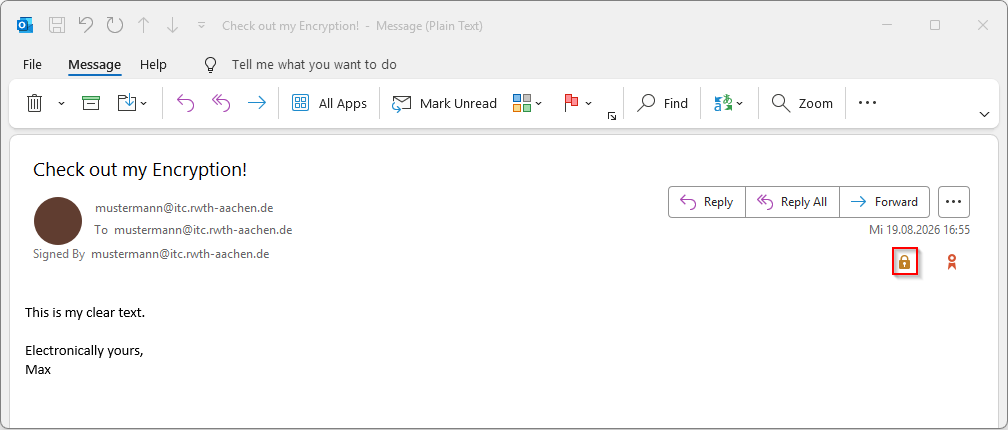 Message window in Outlook. The sender field is followed by a line containing lock icon.