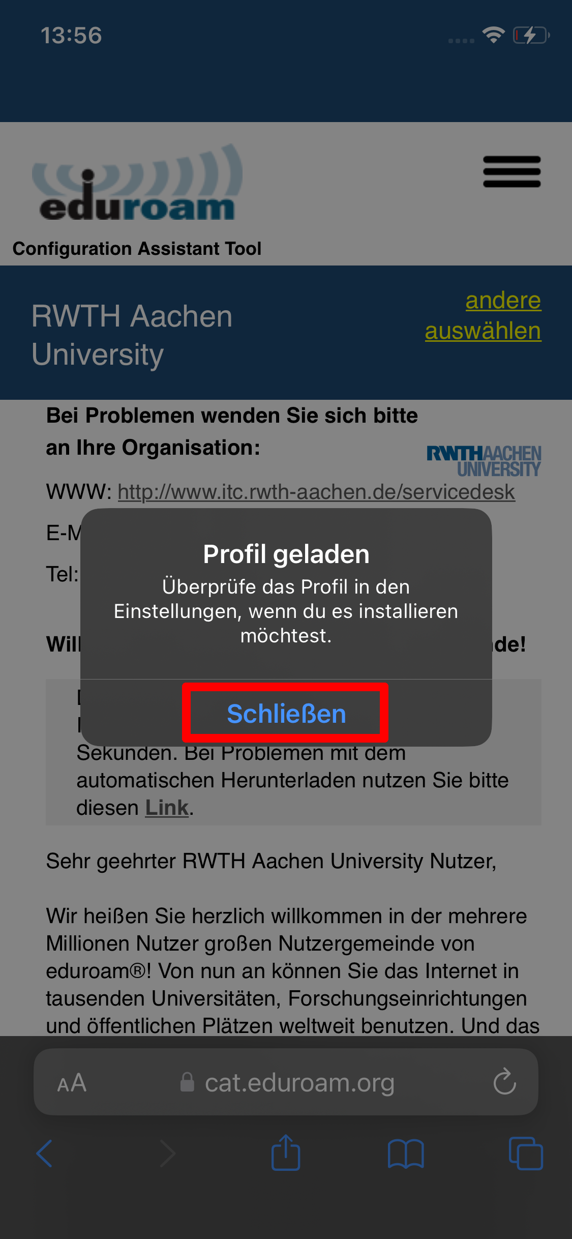 Im Popup-Fenster wird Folgendes angezeigt: "Profil geladen. Überprüfe das Profil in den Einstellungen, wenn du es installieren möchtest".