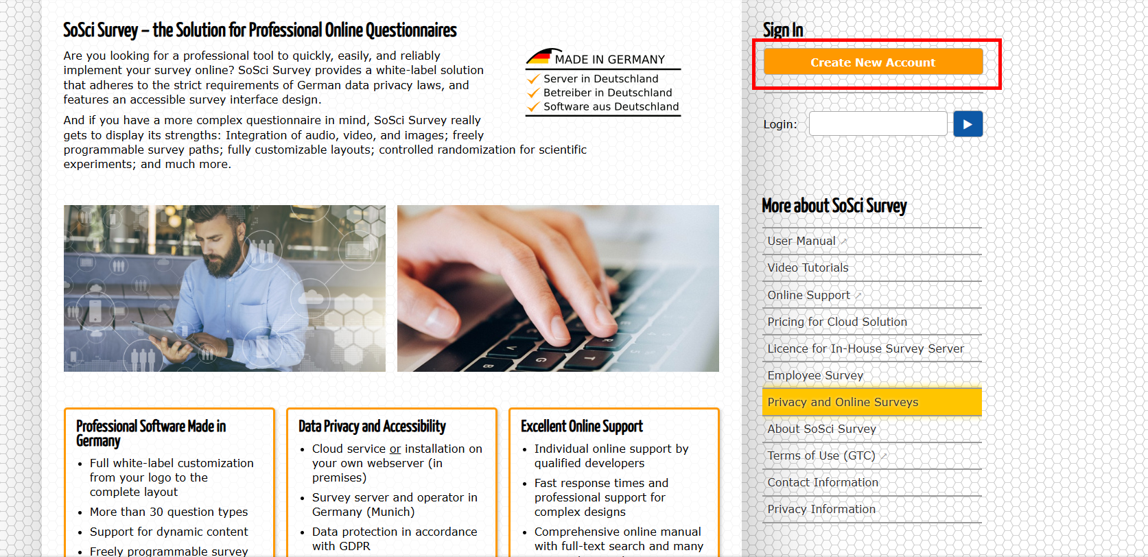 Screenshot of the SoSci Survey homepage. Under the heading “Sign in,” you will find the “Create new account” button.