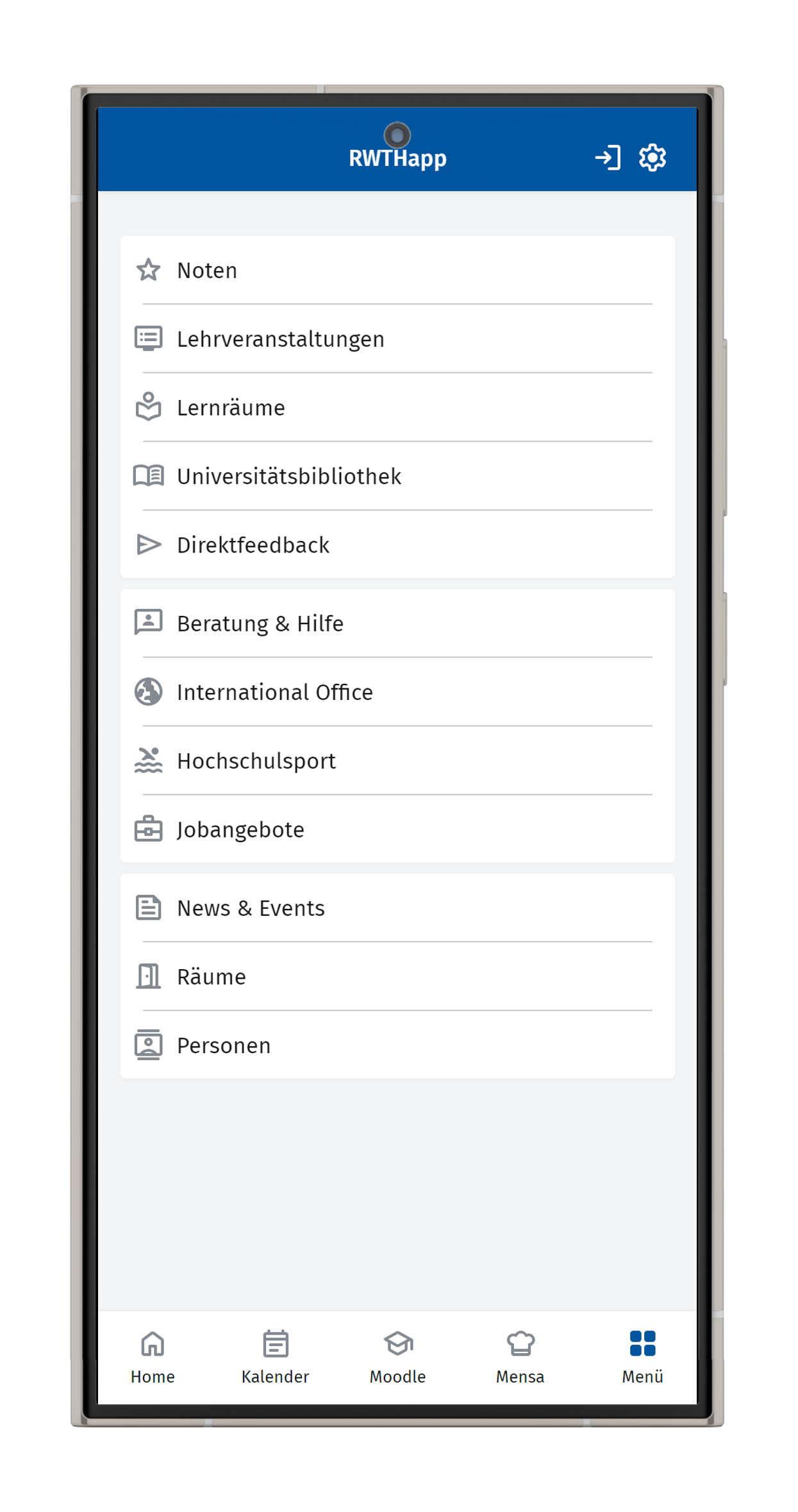 Screenshot des Menüs ohne Anmeldung