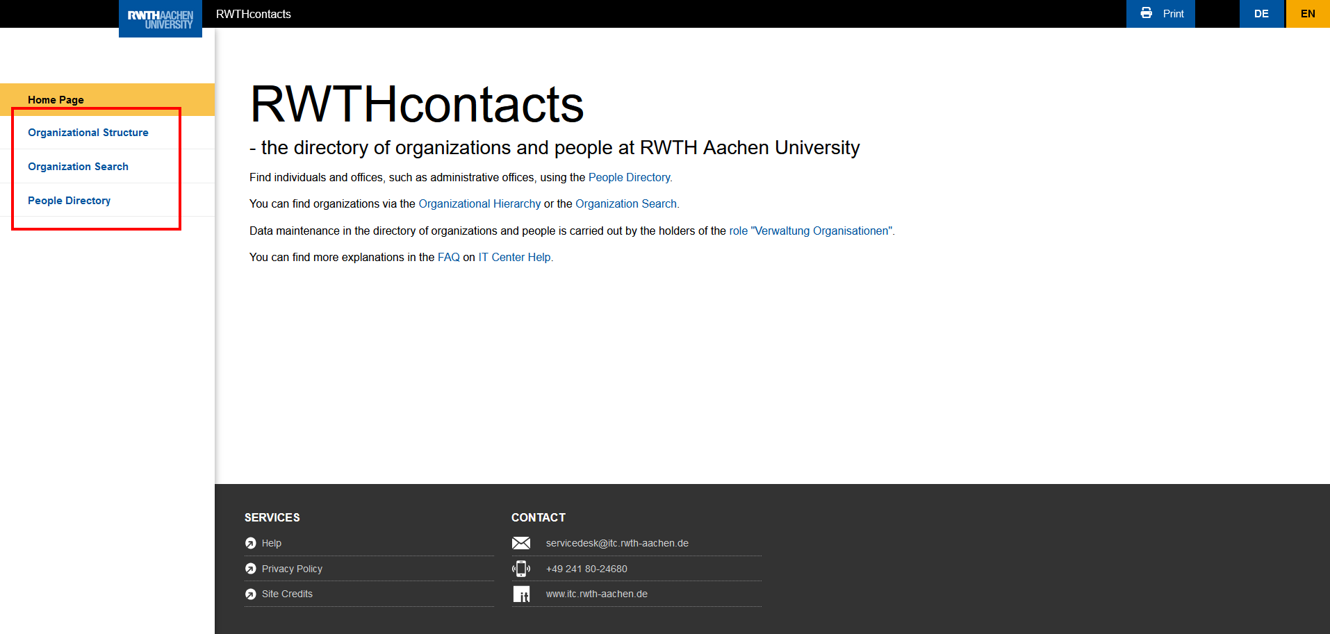 Screenshot of the RWTHcontacts home page. The search options are linked on the home page and in the text under the heading "RWTHcontacts".