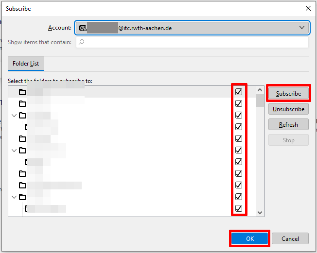 Selecting folders to subscribe to Selecting folders to subscribe to
