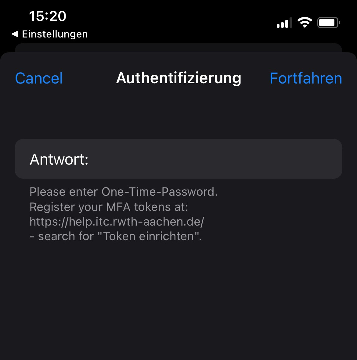 Aufforderung zur Eintragung von einem Einmalkennwort Aufforderung zur Eintragung von einem Einmalkennwort
