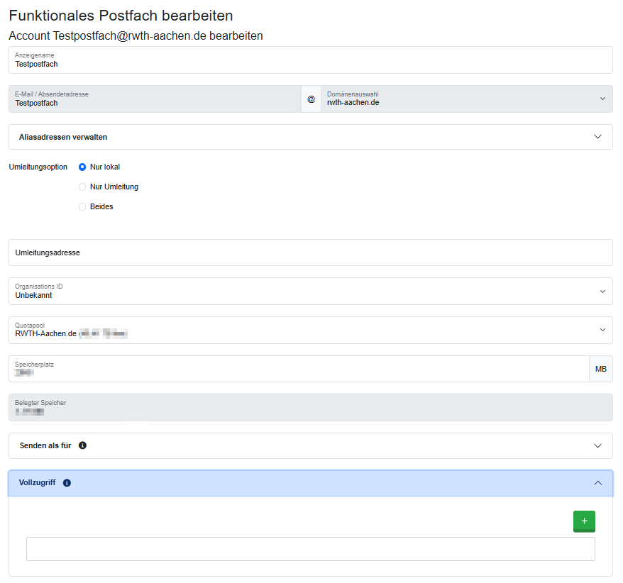 Vollzugriff über MailAdm konfigurieren. Ein Screenshot der MailAdm-Oberfläche. Das Bild zeigt die Bearbeitungsansicht von einem funktionalen Postfach. Die Option "Vollzugriff" ist ausgeklappt.