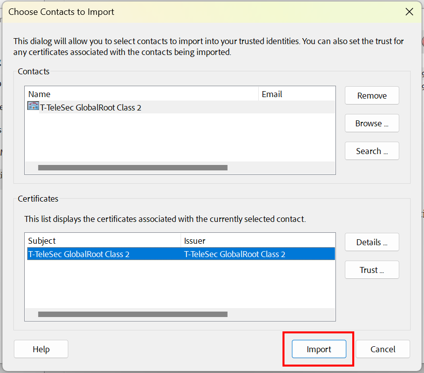 Stammzertifikat importieren Screenshot of the dialog box "Choose contacts to import". "Import" is located between "Help" and "Cancel".