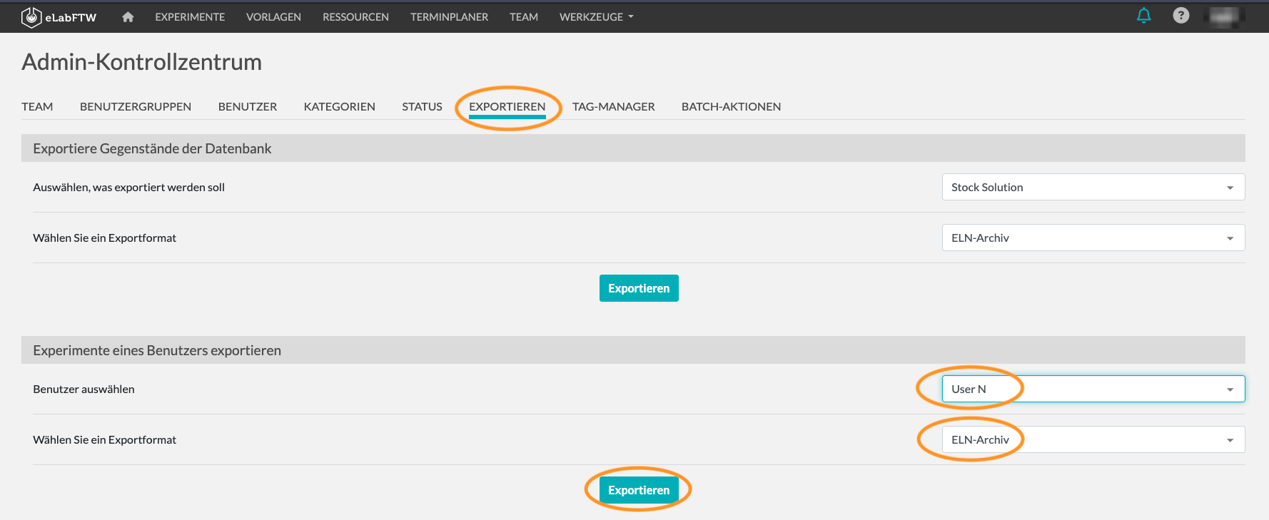 Screenshot des Admin-Kontrollzentrums. Der Reiter "Exportieren" befindet sich zwischen "Status" und "Tag-Manager". Der Bereich ist in 2 Unterbereiche aufgeteilt: "Exportiere Gegenstände der Datenbank" und "Experimente eines Benutzers exportieren". Die Einstellungen aus den Schritten 2 und 3 nehmen Sie im zweiten Unterbereich vor.