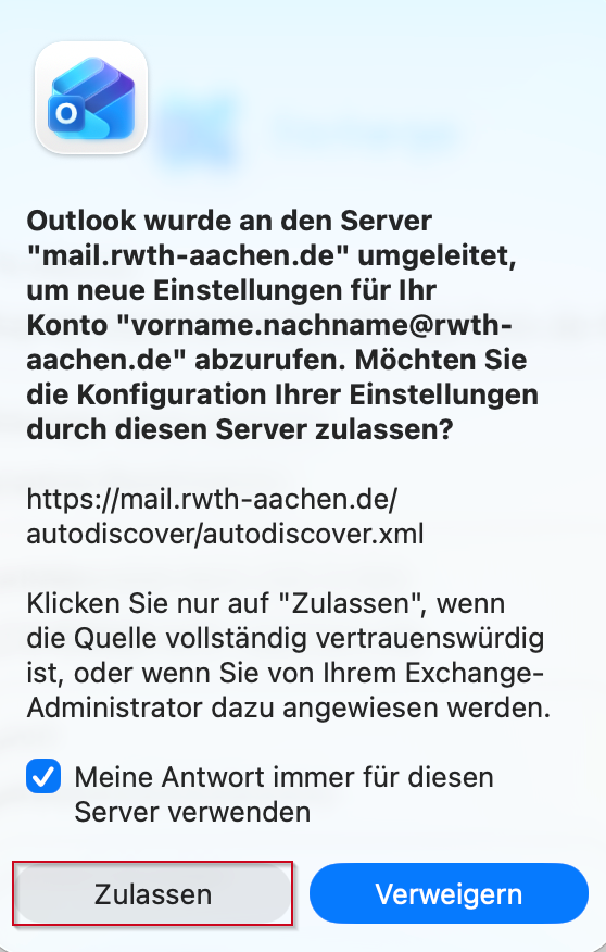 Outlook wurde umgeleitet